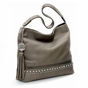 Brighton Taupe Leather Hobo Studded Shoulder Bag
